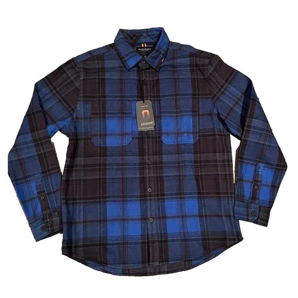 Denim Flower Shirt Mens XL Blue Plaid Ricky Singh Performance Flannel NEW